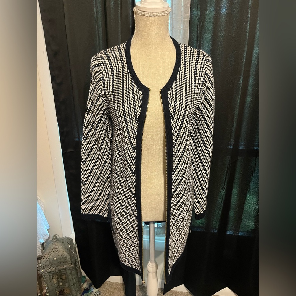 Jones New York Black and White Striped Cardigan Sweater